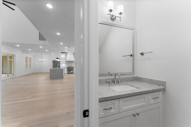 bathroom with wood-type flooring and vanity