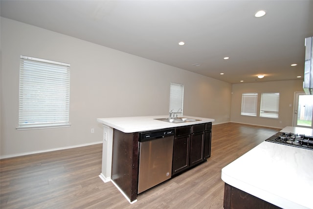 kitchen with stainless steel dishwasher, light hardwood / wood-style floors, a kitchen island with sink, and sink