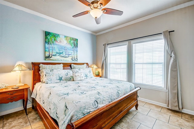 bedroom featuring light tile patterned floors, ceiling fan, and crown molding