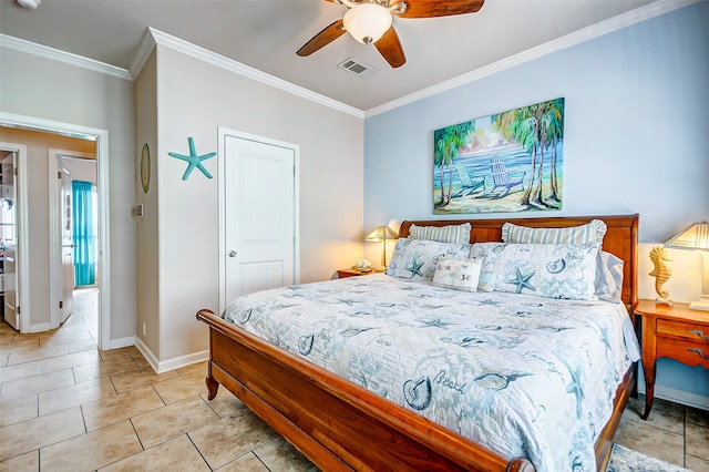 bedroom featuring light tile patterned floors, a closet, ceiling fan, and crown molding