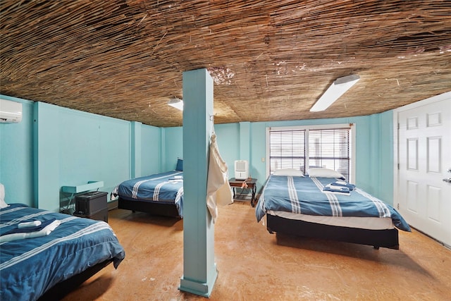 bedroom with an AC wall unit and ceiling fan