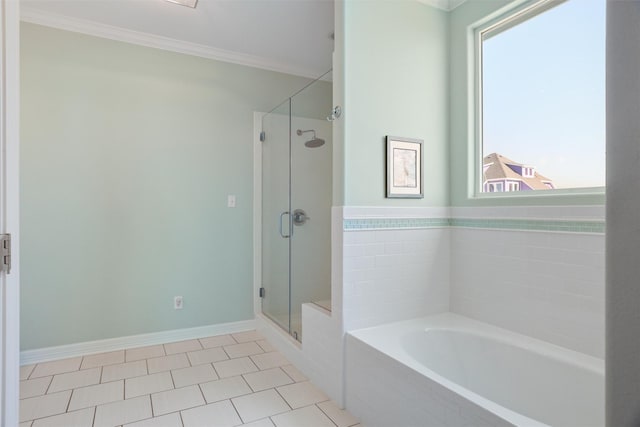 full bath featuring tile patterned floors, crown molding, a shower stall, and a bath