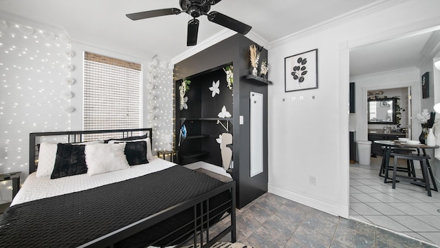 bedroom featuring ceiling fan, baseboards, and ornamental molding