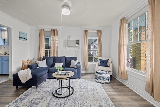 living area with a wall unit AC, wood finished floors, crown molding, and baseboards