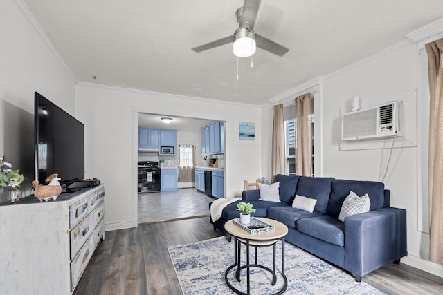 living area with a ceiling fan, crown molding, dark wood-style floors, and a wall mounted AC