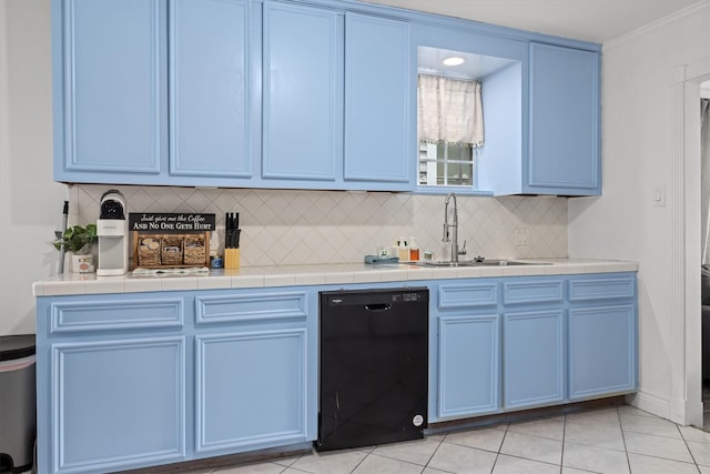 kitchen featuring a sink, blue cabinetry, backsplash, and dishwasher