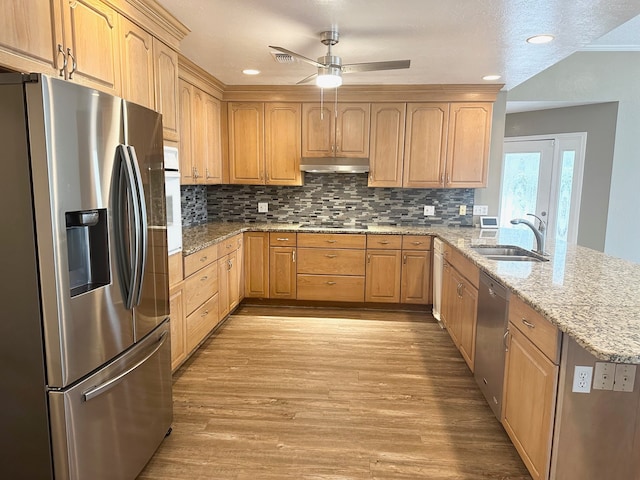 kitchen featuring backsplash, appliances with stainless steel finishes, sink, light hardwood / wood-style floors, and ceiling fan