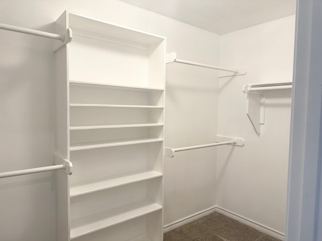 walk in closet featuring dark colored carpet