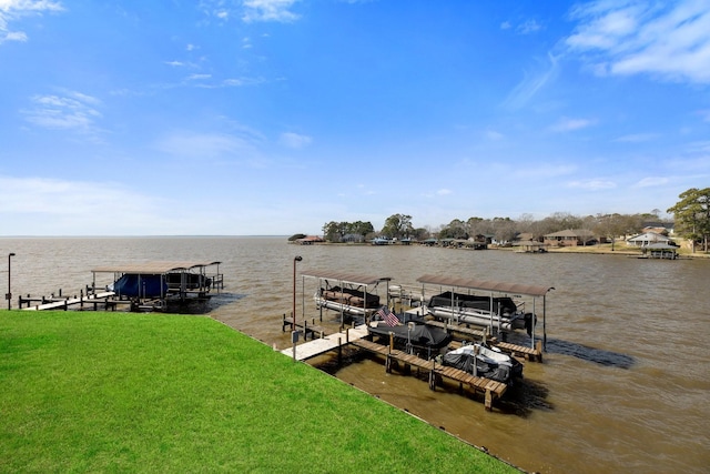 dock area featuring a water view and a yard