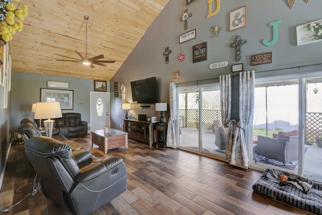 living room with wood ceiling, a wall mounted air conditioner, dark hardwood / wood-style flooring, high vaulted ceiling, and ceiling fan