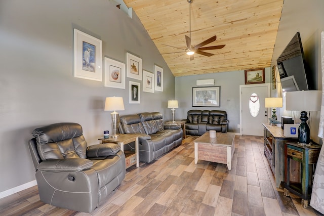 living room with wood ceiling, high vaulted ceiling, light wood-type flooring, and ceiling fan