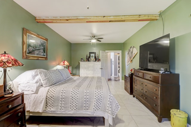 bedroom featuring beamed ceiling, light tile patterned floors, and ceiling fan