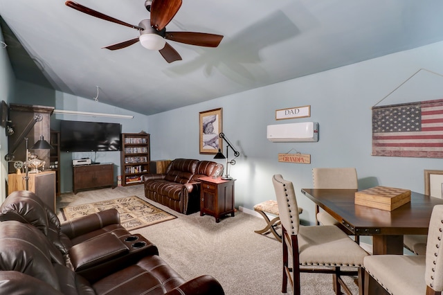 carpeted living room featuring a wall unit AC, lofted ceiling, and ceiling fan