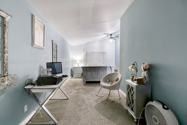 bedroom featuring lofted ceiling and light colored carpet