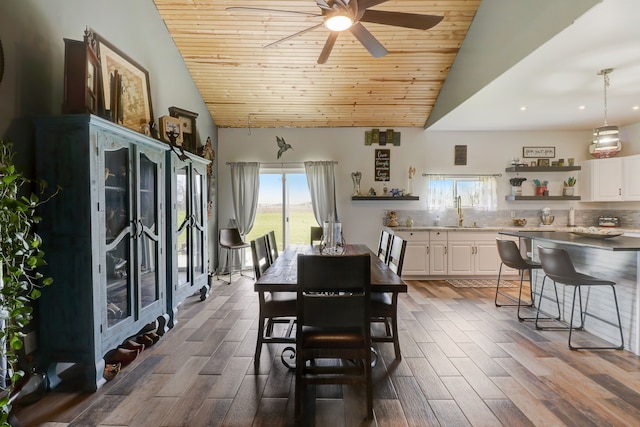 dining room featuring wood ceiling, wood-type flooring, sink, and ceiling fan