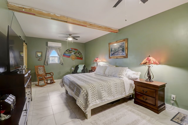 tiled bedroom featuring ceiling fan, beamed ceiling, and a wall mounted air conditioner