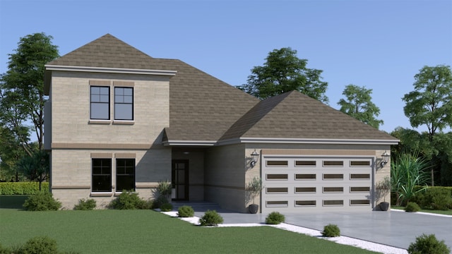 view of front of home with a front yard and a garage