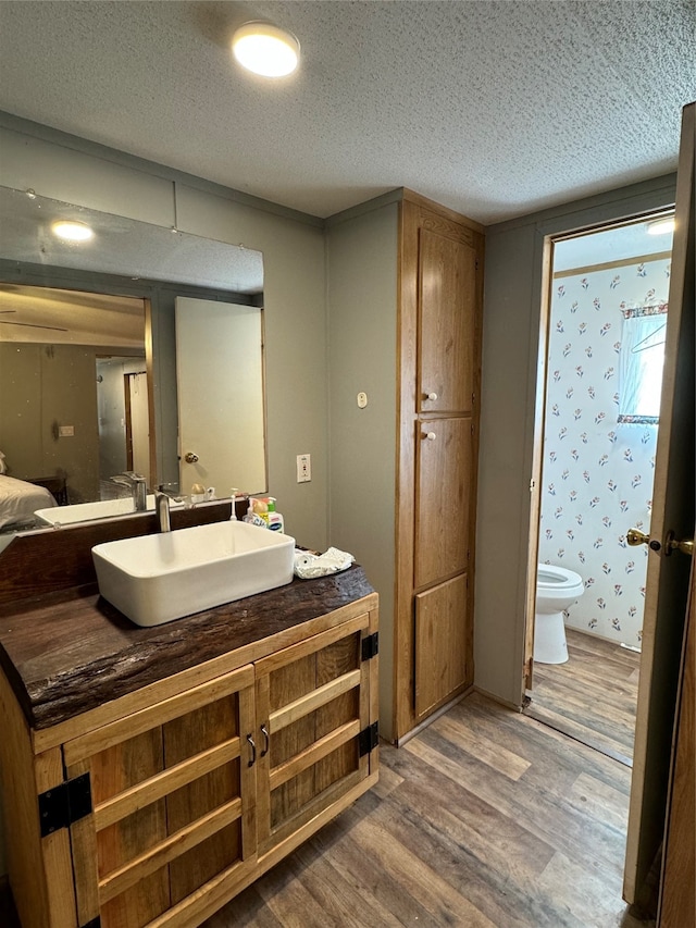 bathroom with hardwood / wood-style flooring, vanity, a textured ceiling, and toilet