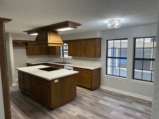 kitchen featuring sink, hardwood / wood-style floors, a textured ceiling, and a kitchen island