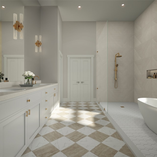 bathroom featuring vanity, a towering ceiling, tile floors, and independent shower and bath