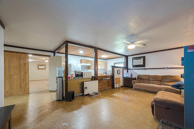 12320 Fm 1764th Rd, Santa Fe, TX 77510 - living room featuring ornamental molding, a wall mounted air conditioner, and ceiling fan