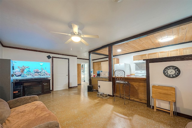 12320 Fm 1764th Rd, Santa Fe, TX 77510 - living room with wood ceiling, ceiling fan, ornamental molding, and a fireplace