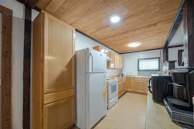 kitchen with light brown cabinets, white appliances, and wood ceiling