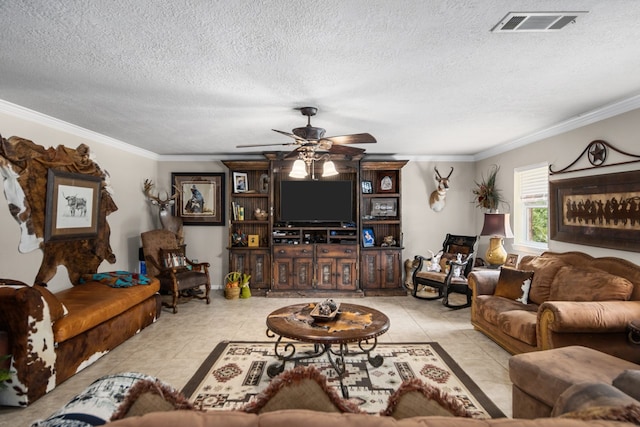 living room featuring crown molding, a textured ceiling, ceiling fan, and light tile floors