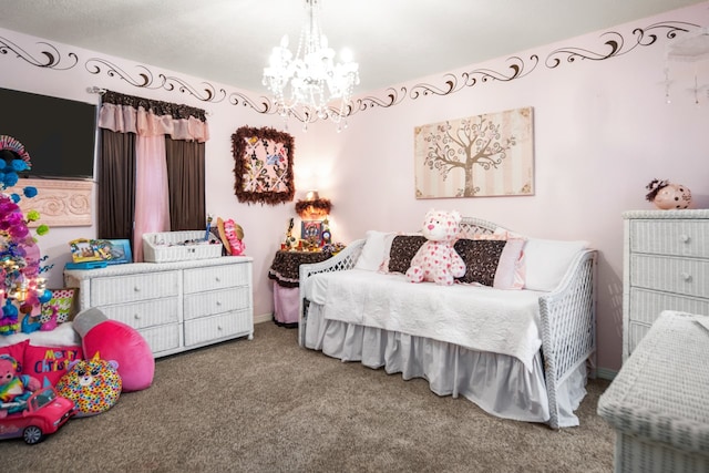 carpeted bedroom with a notable chandelier