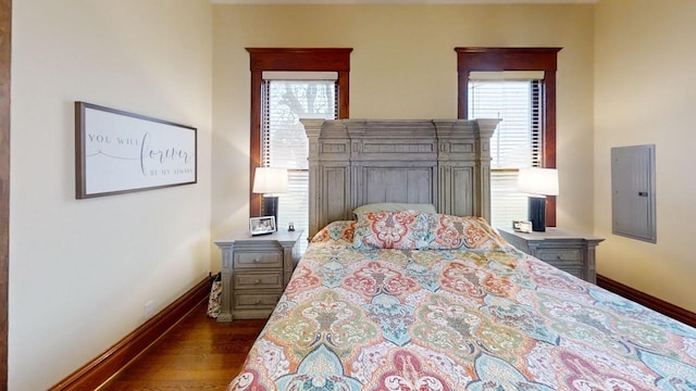 bedroom with dark hardwood / wood-style floors and electric panel