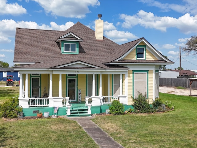 view of front of property with a front yard and covered porch