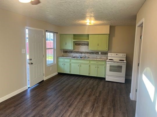 kitchen with sink, electric range, dark wood-type flooring, a textured ceiling, and green cabinetry