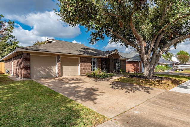 single story home with a front yard and a garage