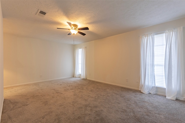 empty room with a wealth of natural light, a textured ceiling, carpet floors, and ceiling fan