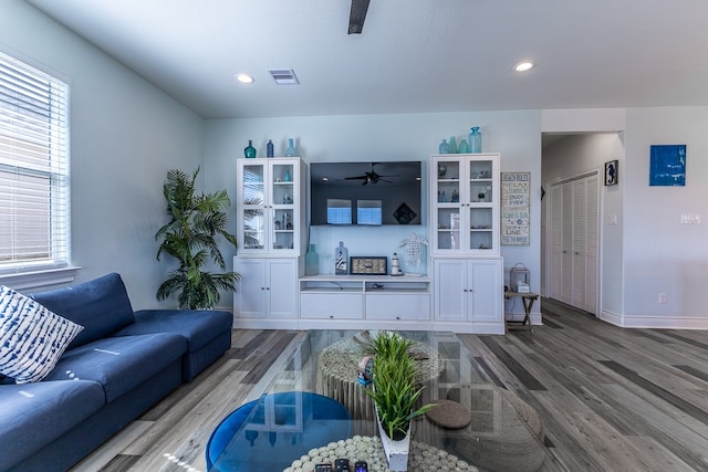 living room with ceiling fan and hardwood / wood-style floors