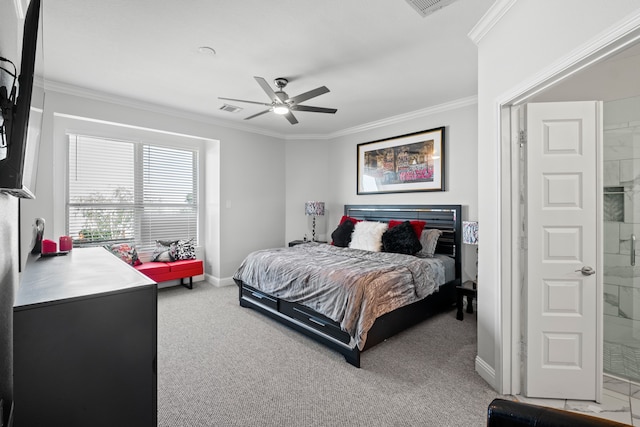 bedroom with light carpet, ornamental molding, ceiling fan, and ensuite bathroom