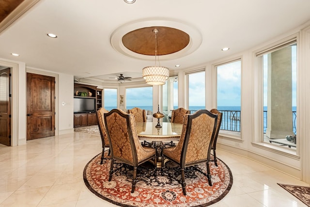 dining room with a raised ceiling and ceiling fan