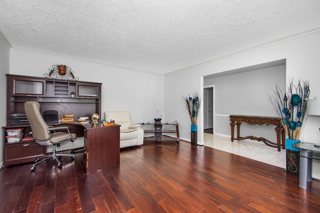 office space with crown molding, dark hardwood / wood-style floors, and a textured ceiling