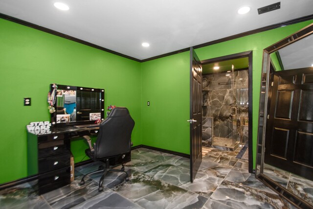 home office with dark tile flooring