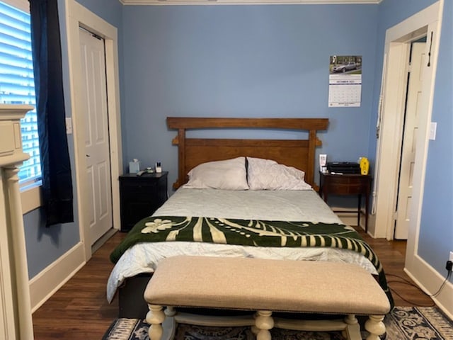 bedroom with a closet and dark wood-type flooring