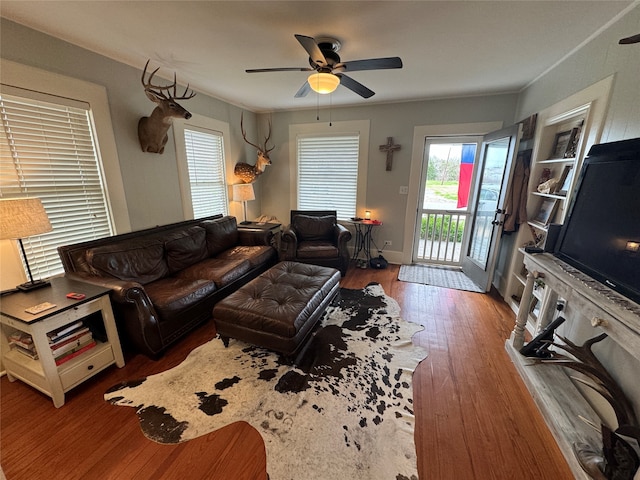 living room with ceiling fan and hardwood / wood-style floors