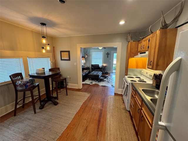 kitchen with refrigerator, wood-type flooring, white electric range oven, and pendant lighting