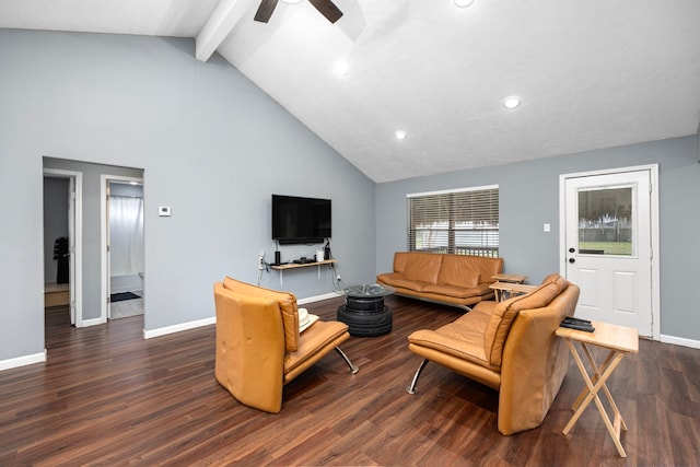 living room with dark wood-type flooring, ceiling fan, high vaulted ceiling, and beamed ceiling