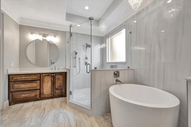 bathroom featuring shower with separate bathtub, a chandelier, vanity, and crown molding