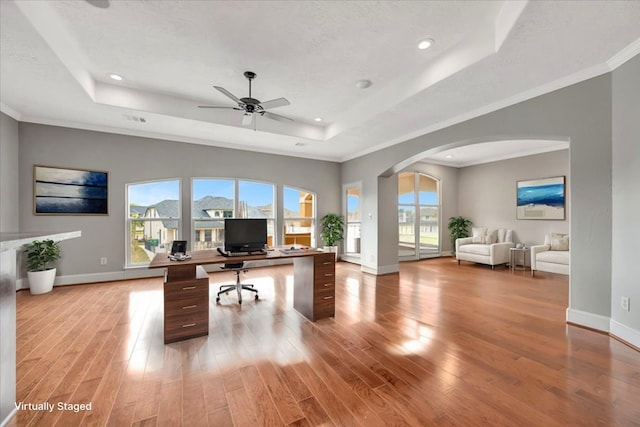 office with light hardwood / wood-style flooring, a raised ceiling, plenty of natural light, and ornamental molding