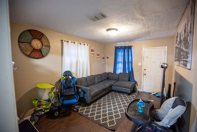 living room featuring hardwood / wood-style floors and a textured ceiling