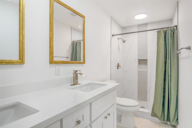 bathroom featuring curtained shower, tile floors, toilet, and dual bowl vanity