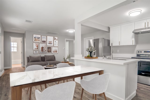 kitchen featuring white cabinetry, dark hardwood / wood-style floors, an island with sink, stainless steel appliances, and sink