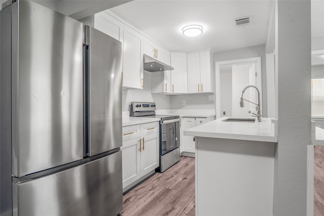 kitchen featuring white cabinetry, light hardwood / wood-style floors, stainless steel appliances, and sink