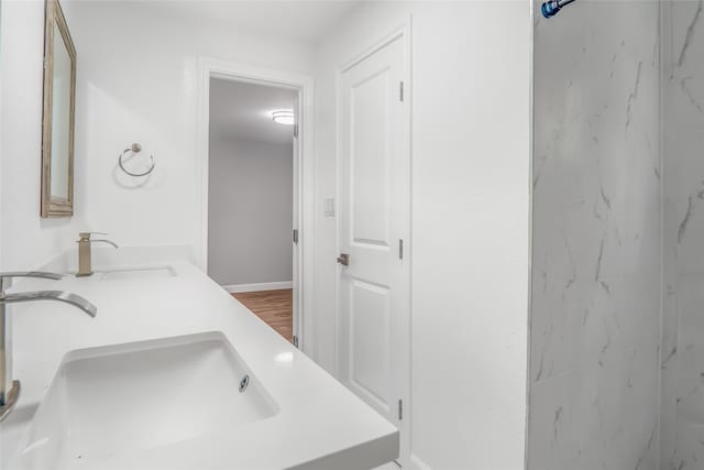 bathroom featuring dual vanity and hardwood / wood-style floors